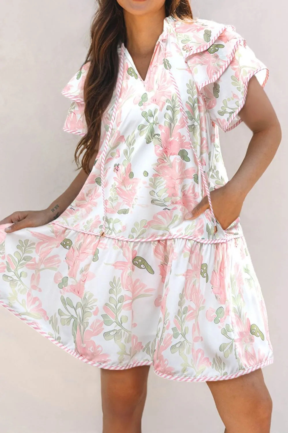 pink floral Tie-Neck above knee length shift dress