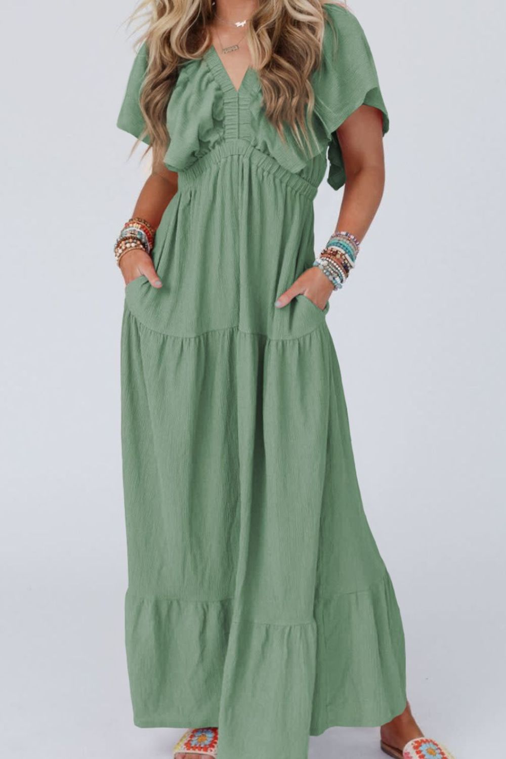 Ruffled V Neck Flutter Sleeve Maxi Dress - MARIGOLD