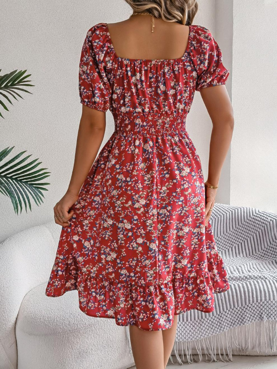 Ruffled Hem Floral Puff Sleeve Dress - MARIGOLD