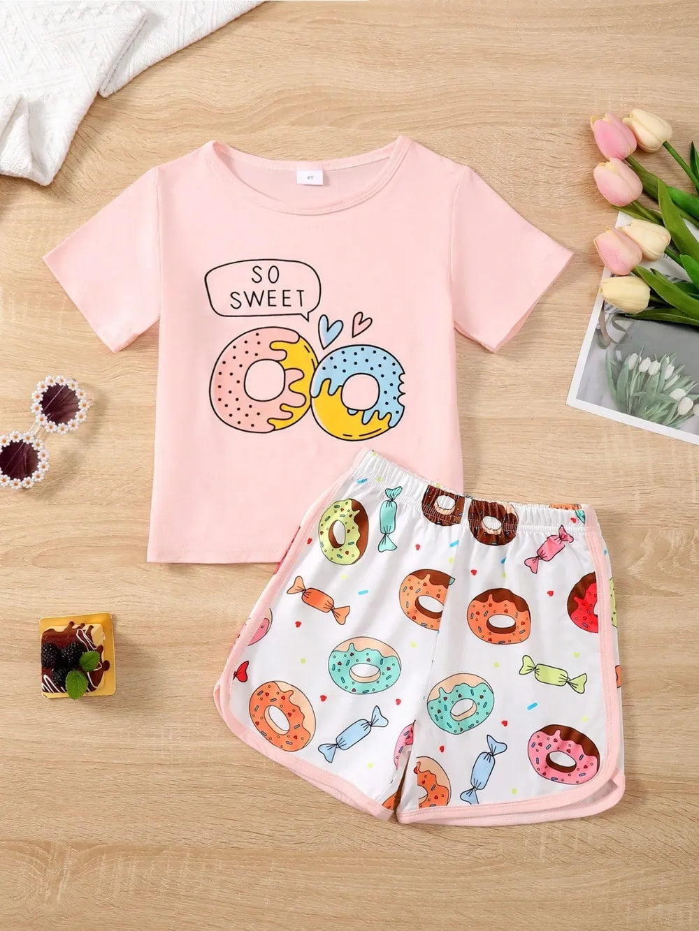 Donut Print T-Shirt and Shorts Set - MARIGOLD