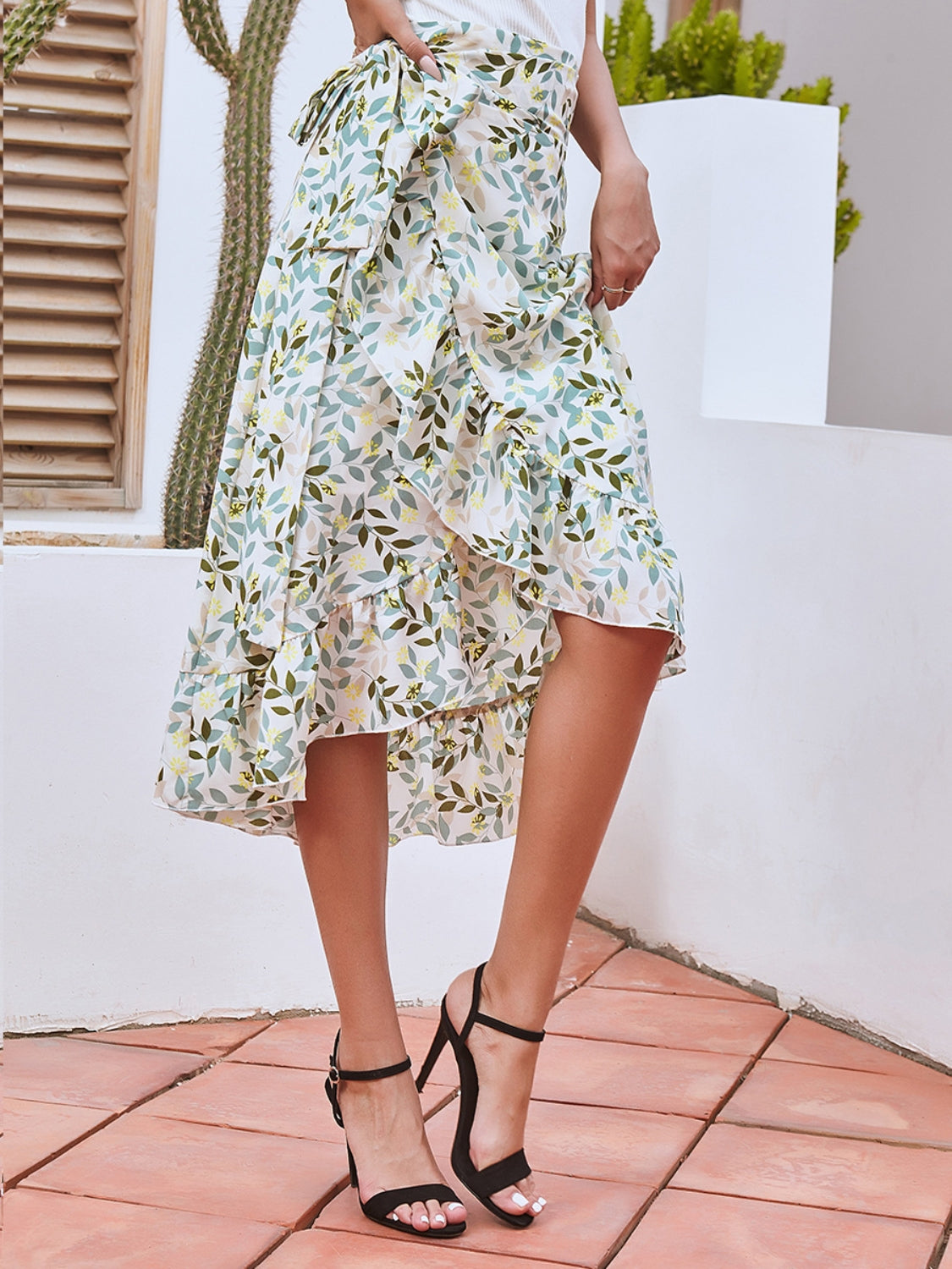 Floral Ruffled Wrap Tie Midi Skirt with Side Tie - MARIGOLD