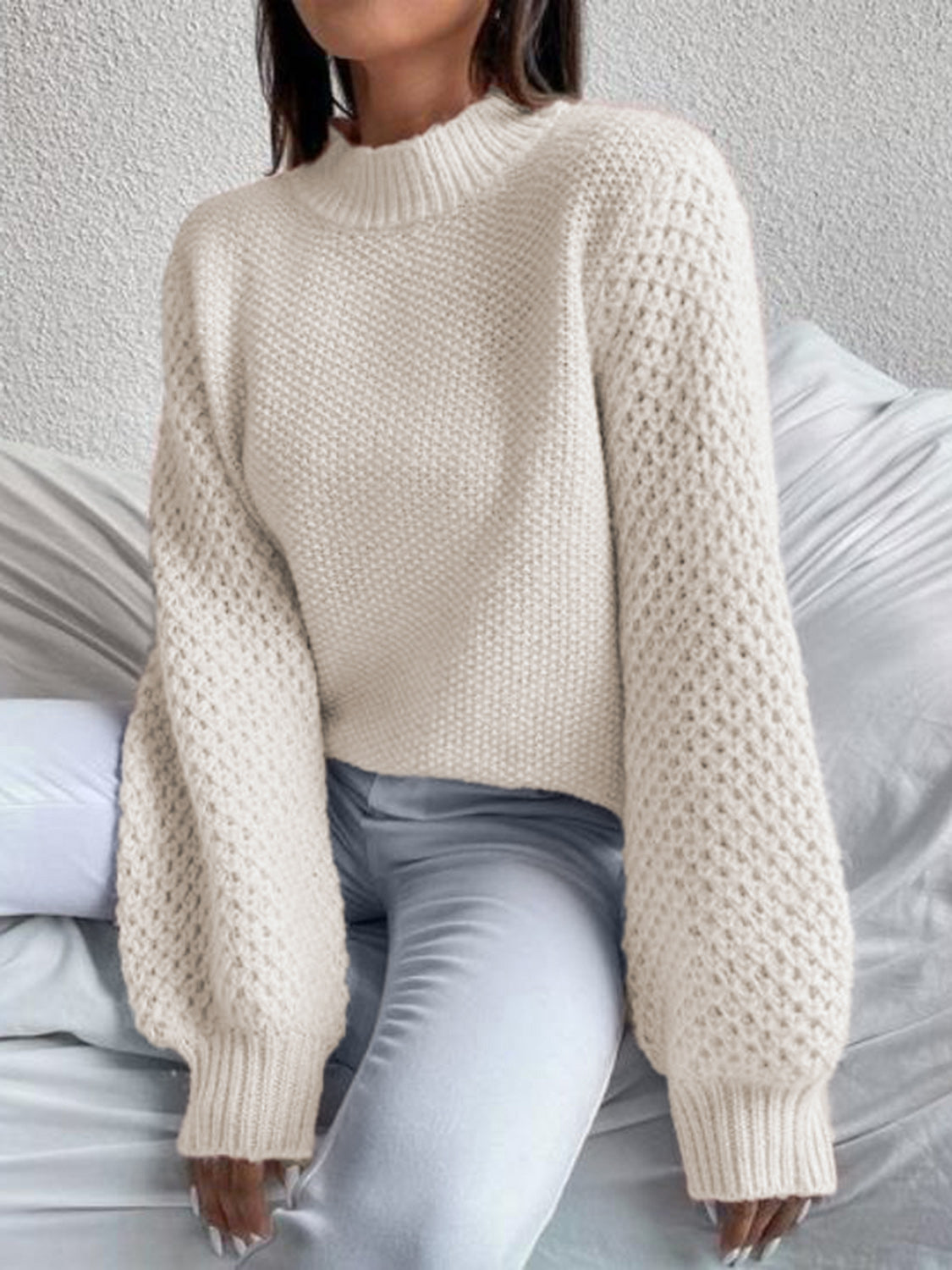Open-Knit Mock Neck Long Sleeve Sweater - MARIGOLD