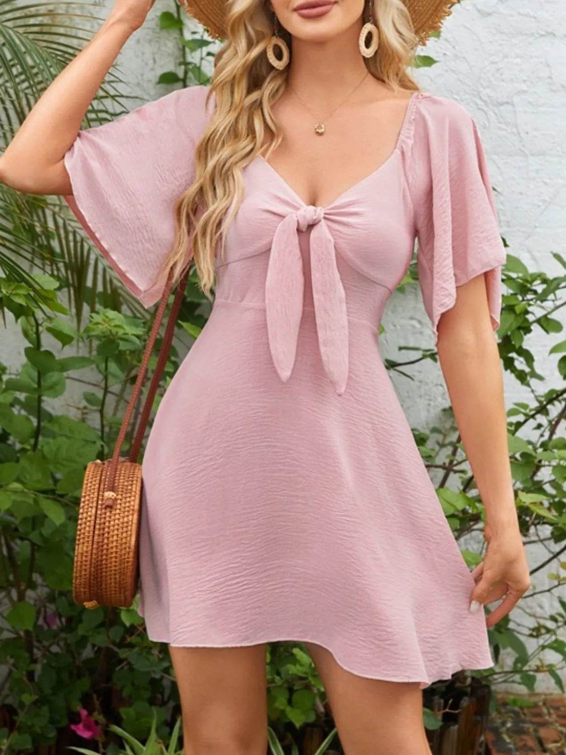Bow Tie Front Angel Sleeve Mini Dress - MARIGOLD