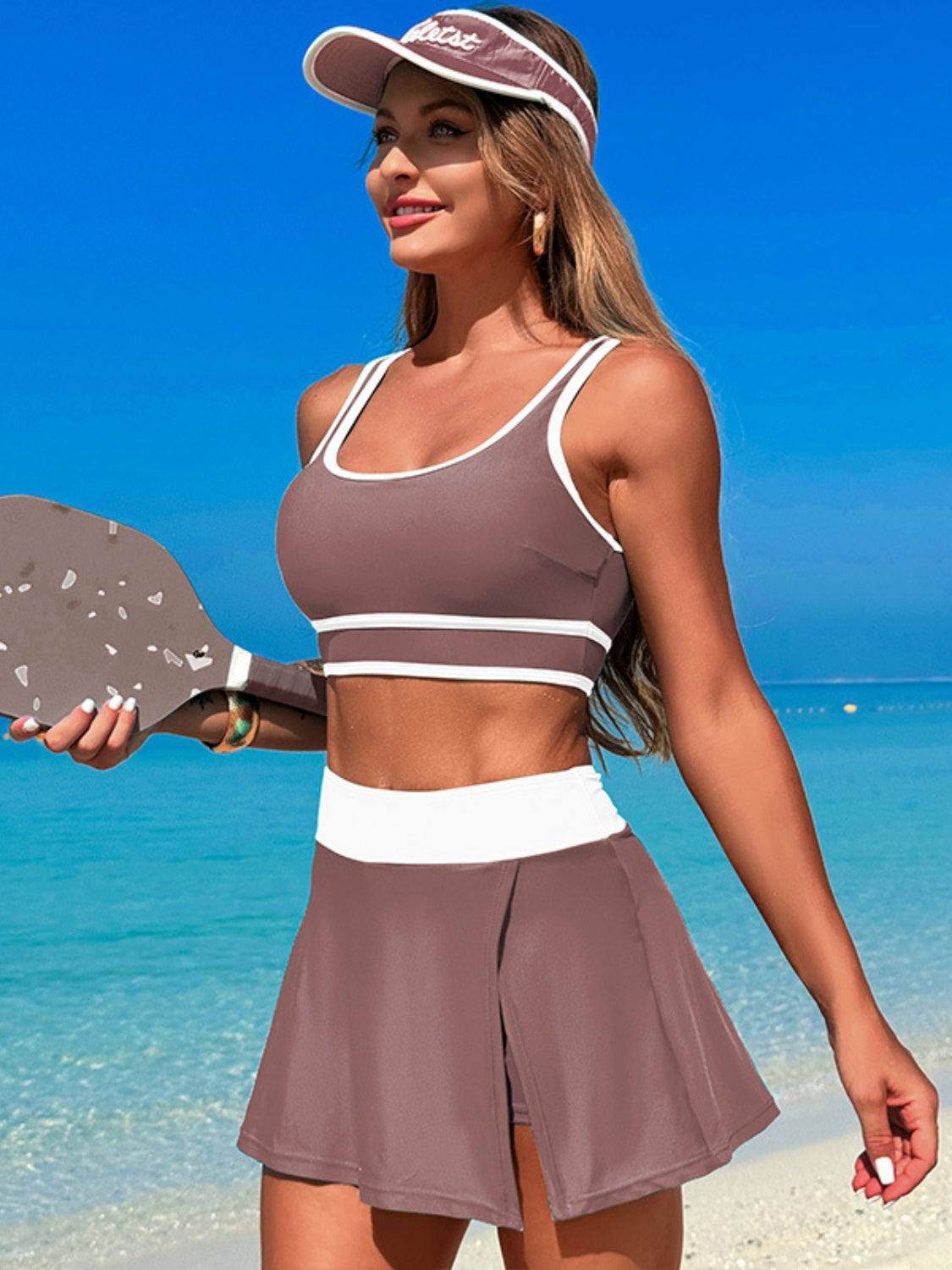 Scoop Neck Top and Skort Swim Set - MARIGOLD