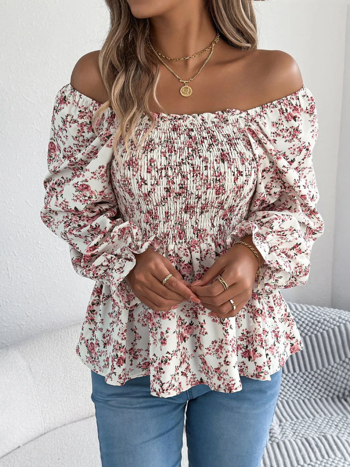 Floral Square Neck Flounce Sleeve Blouse - MARIGOLD