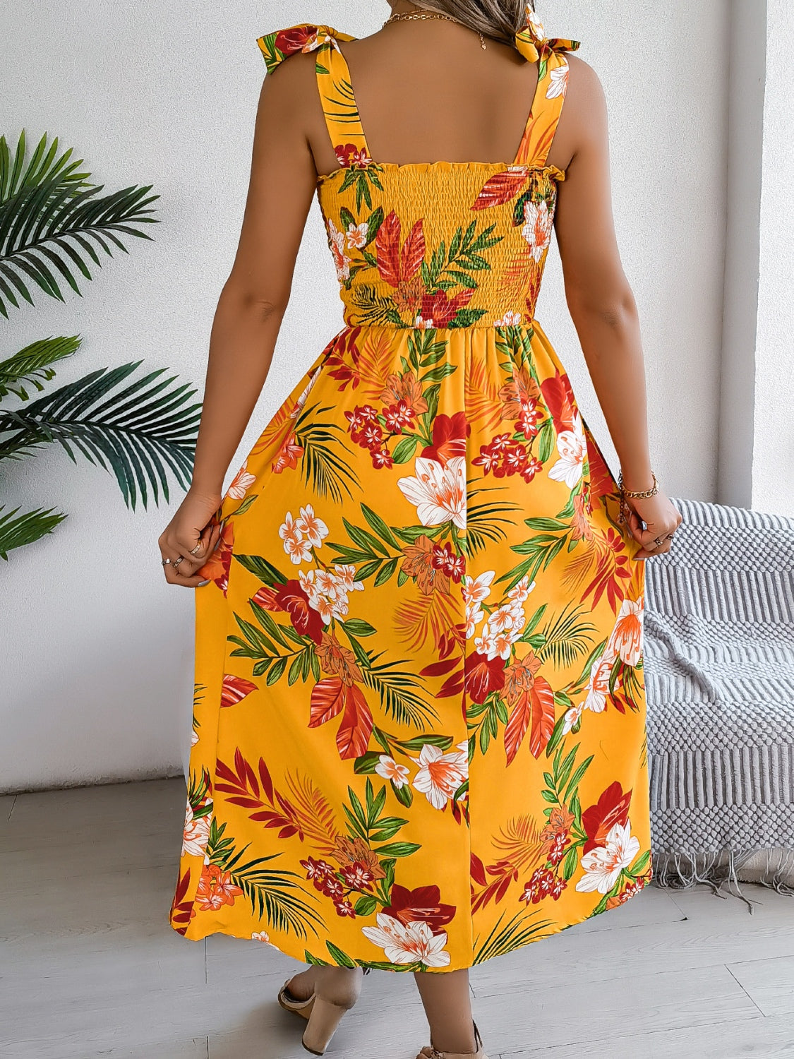 Floral Tie-Shoulder Midi Dress with Smocked Bodice - MARIGOLD