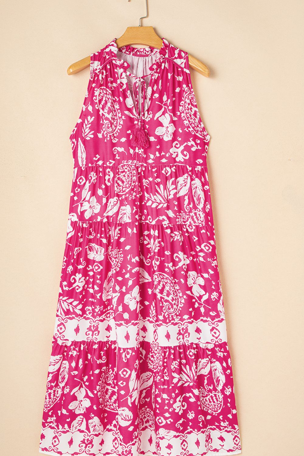 Floral Sleeveless Tasseled Tie Neck Tiered Midi Dress - MARIGOLD
