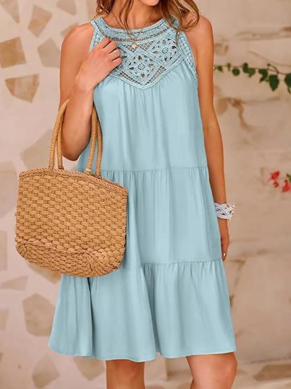 Lace Neckline Tiered Mini Dress - MARIGOLD