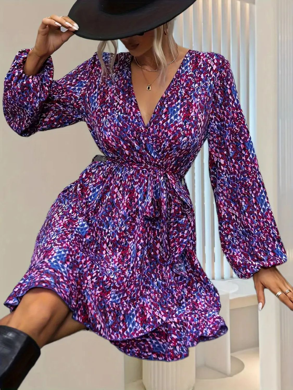Surplice Mini Dress with Balloon Sleeves & Waist Tie - MARIGOLD