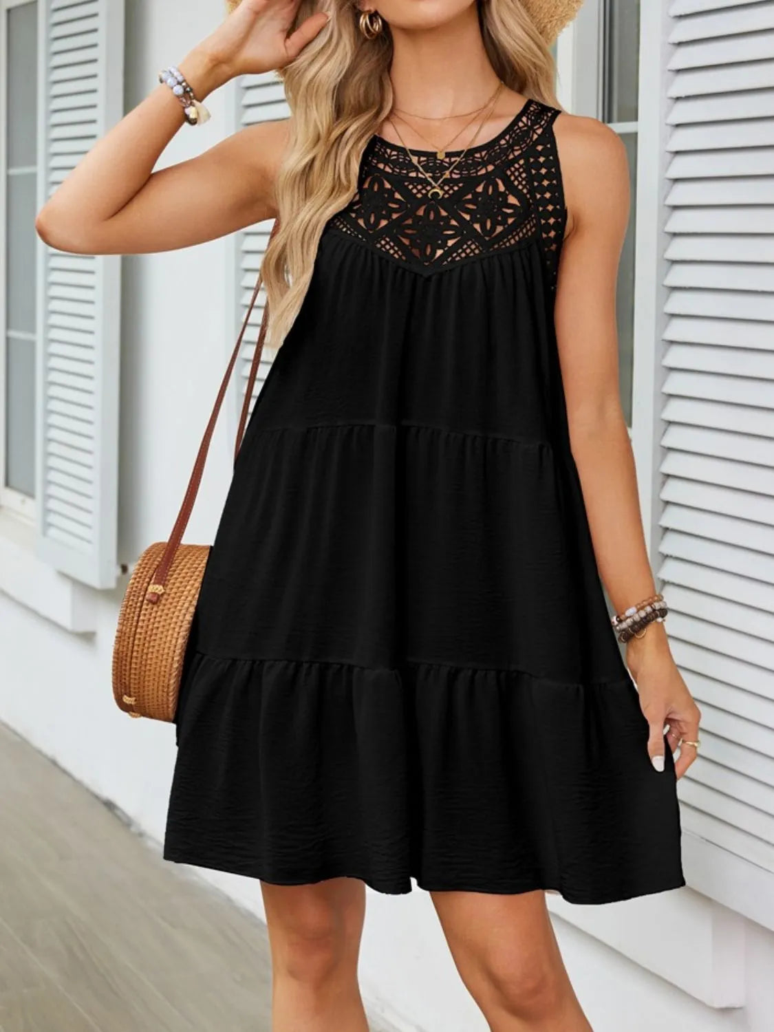 Lace Neckline Tiered Mini Dress - MARIGOLD