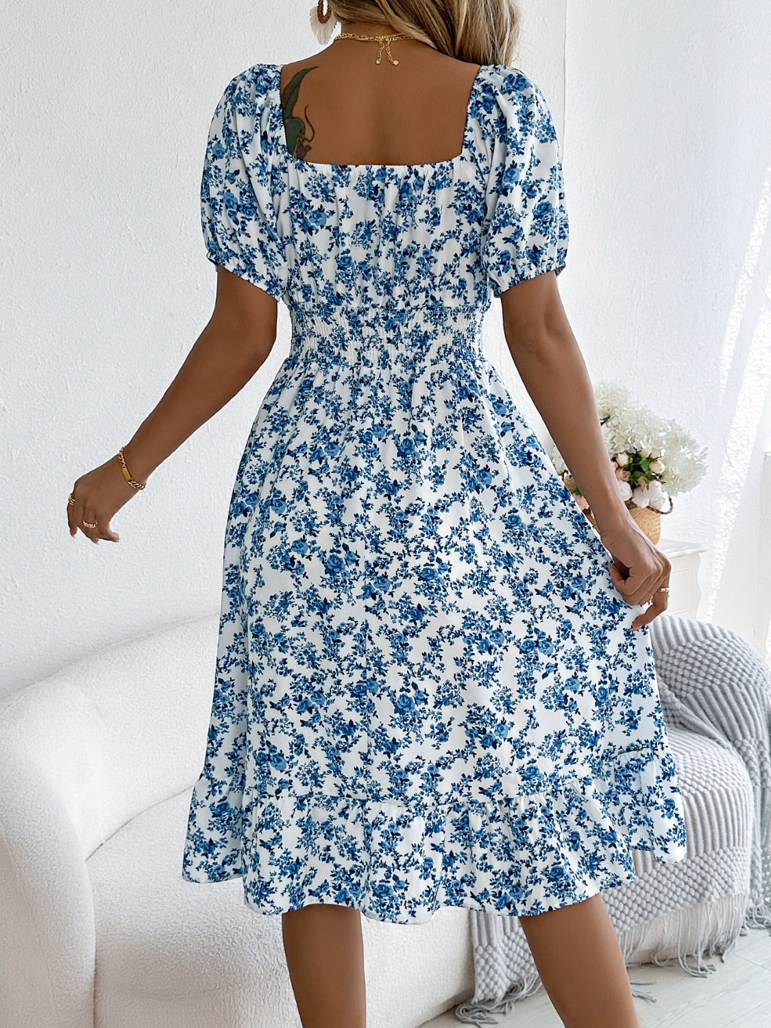 Ruffled Hem Floral Puff Sleeve Dress - MARIGOLD