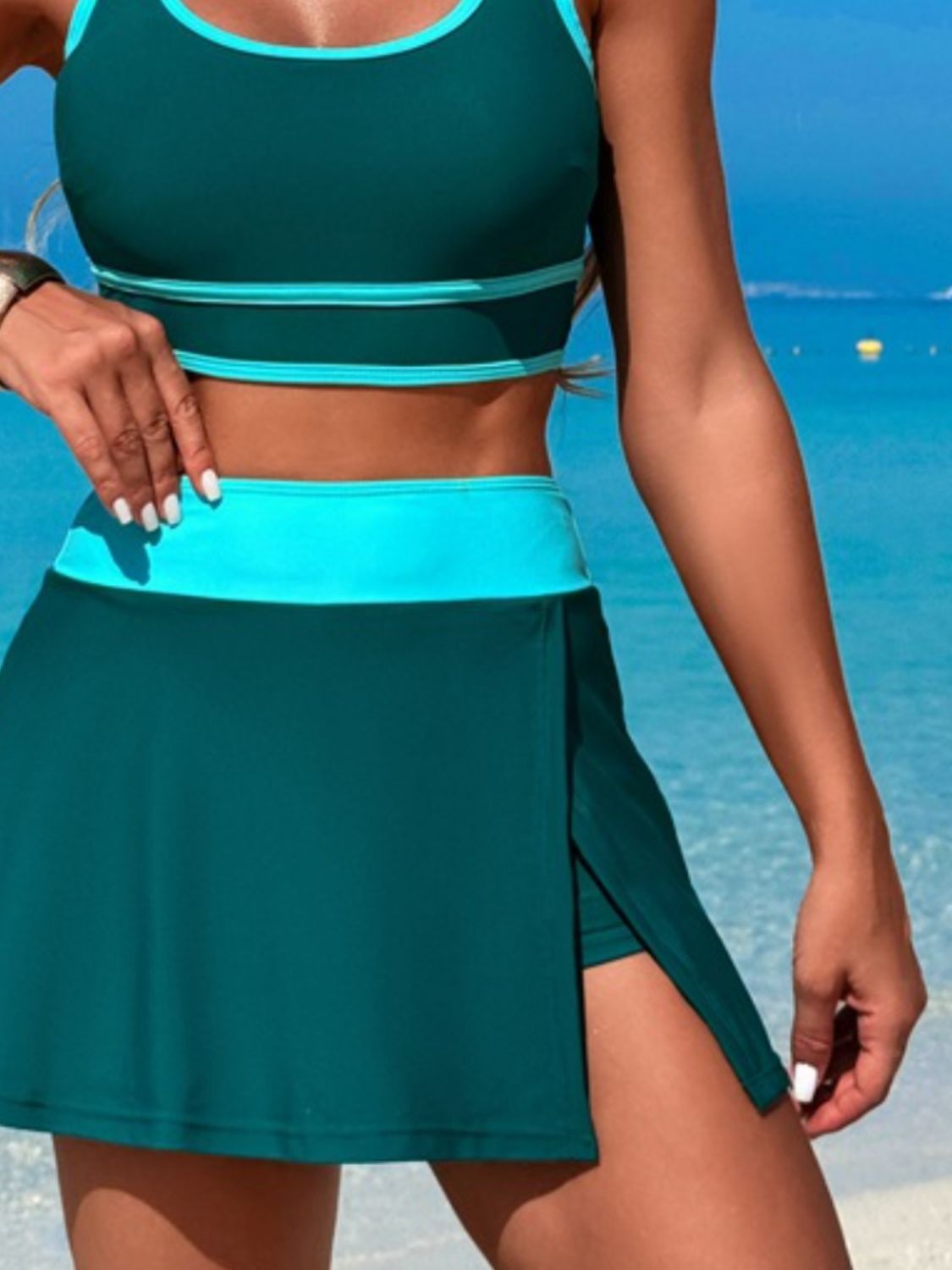 Scoop Neck Top and Skort Swim Set - MARIGOLD