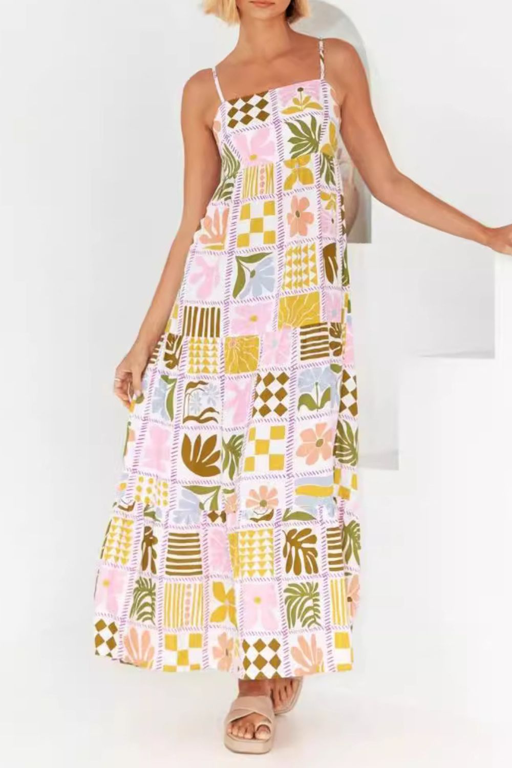 Cutout Back Maxi Cami Dress with Adjustable Straps (Various Prints) - MARIGOLD