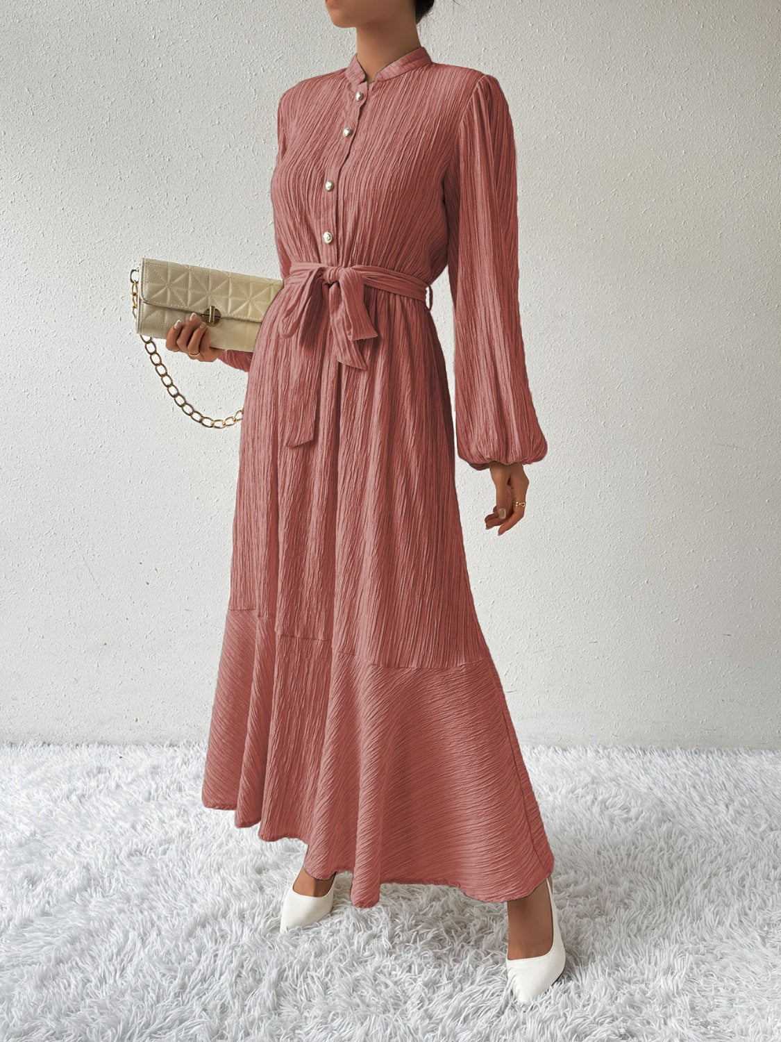 Belted Button Front Long Sleeve Maxi Dress - MARIGOLD