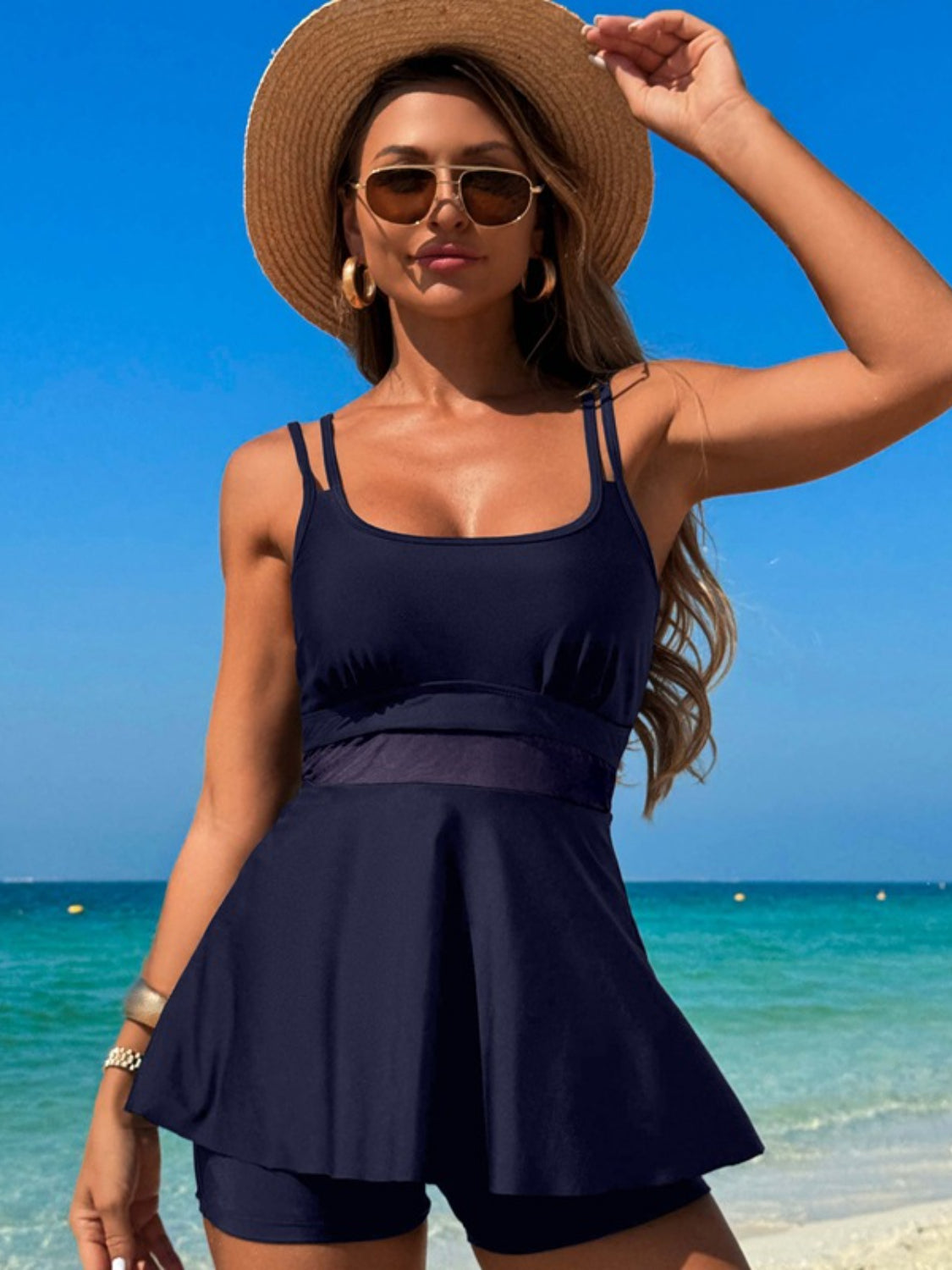Double Strap Tankini Top & Shorts Swim Set - MARIGOLD