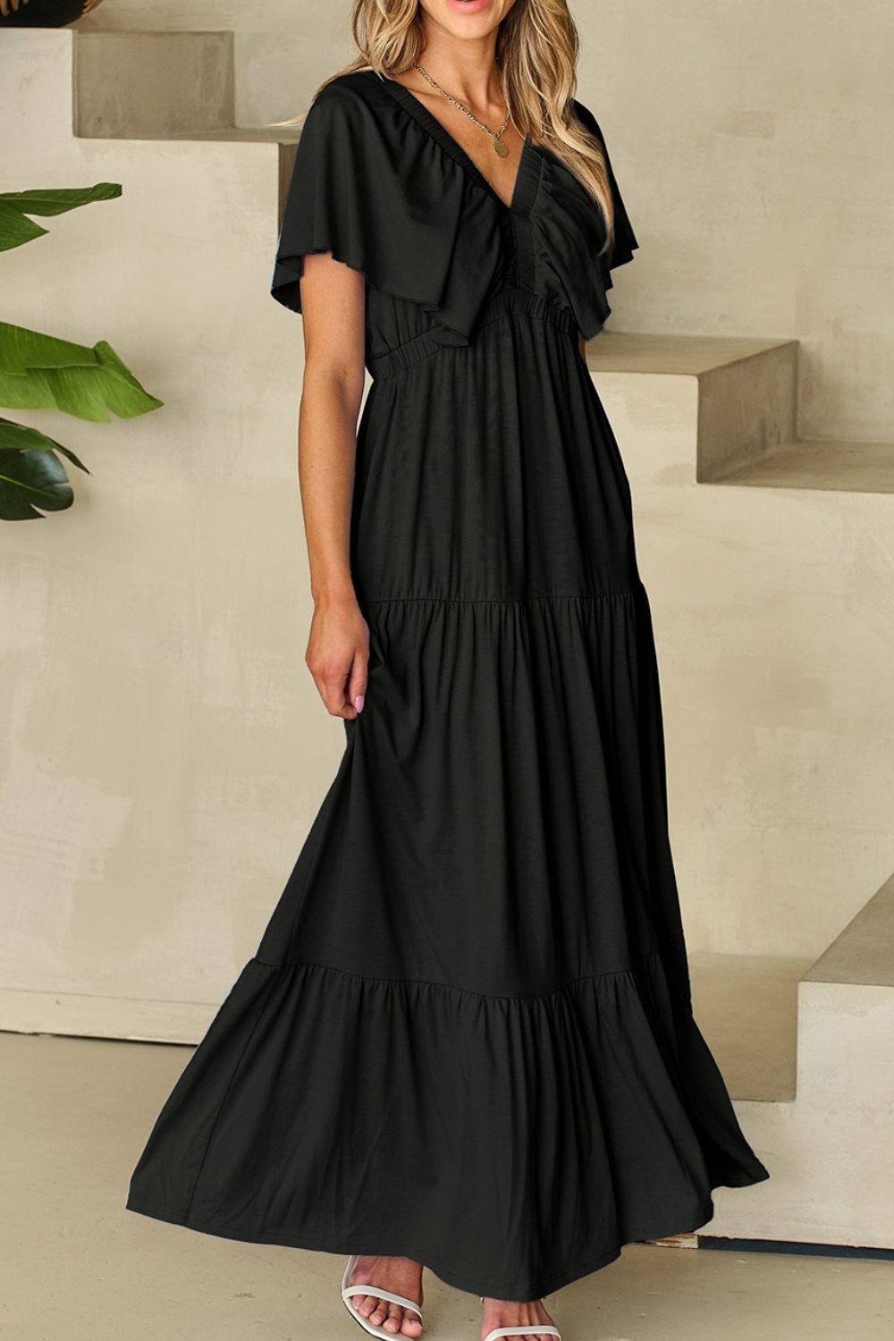Ruffled V Neck Flutter Sleeve Maxi Dress - MARIGOLD