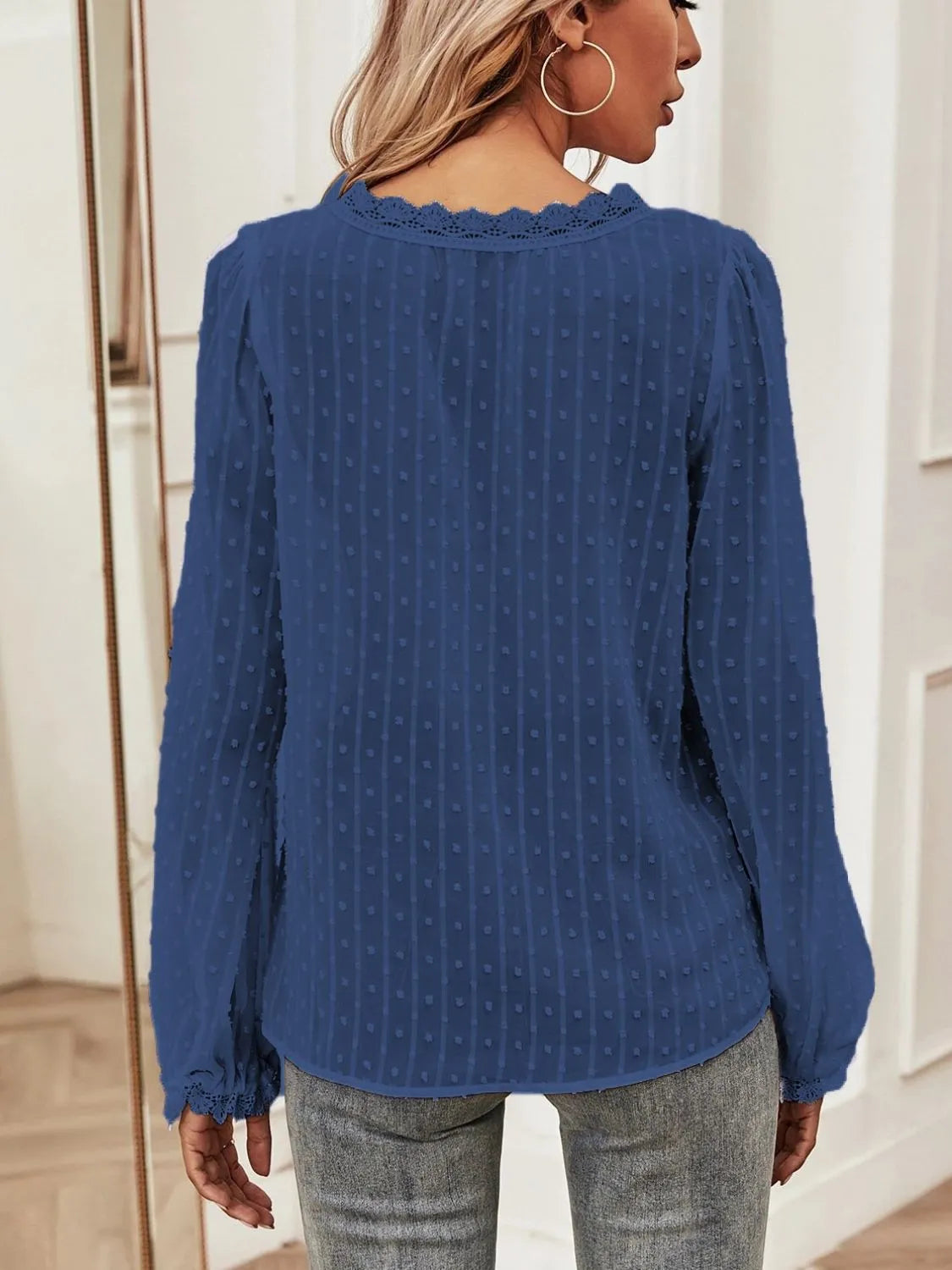 Swiss Dot Lace Detail V-Neck Long Sleeve Blouse - MARIGOLD