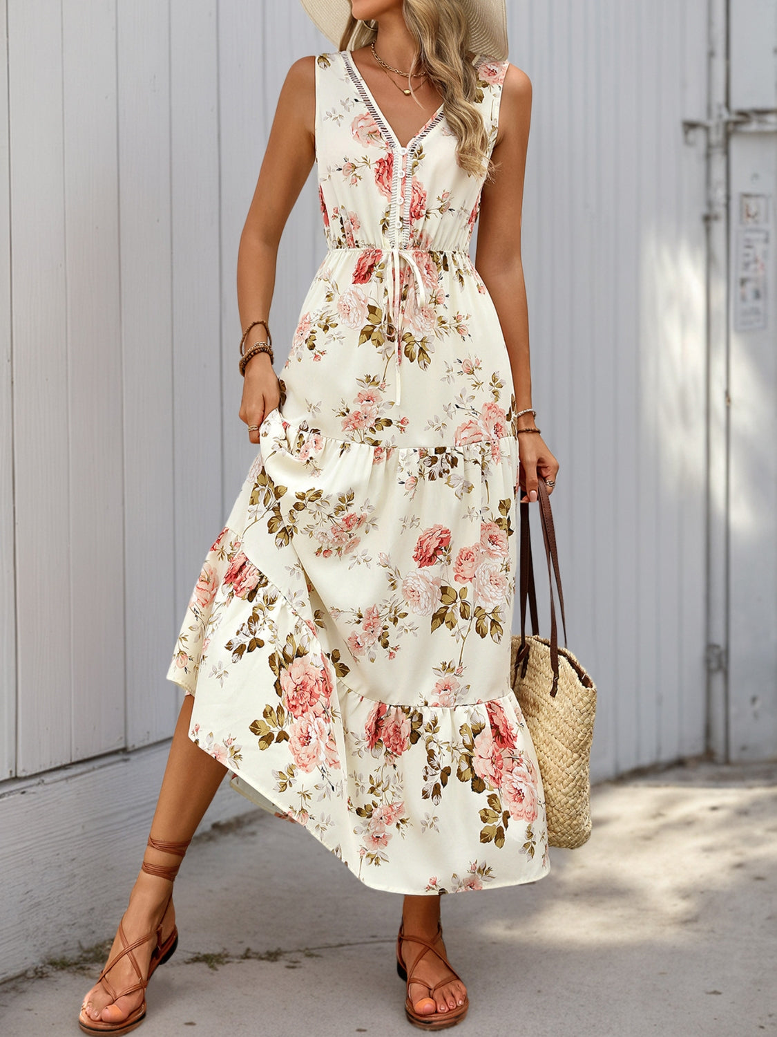 Floral V-Neck Ruffled Hem Midi Dress - MARIGOLD