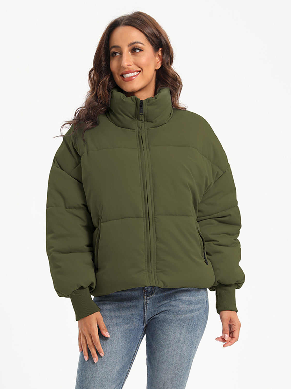 Zip Up Turtleneck Long Sleeve Puffer Jacket - MARIGOLD
