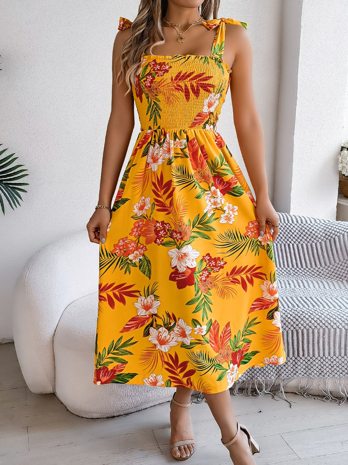 Floral Tie-Shoulder Midi Dress with Smocked Bodice - MARIGOLD