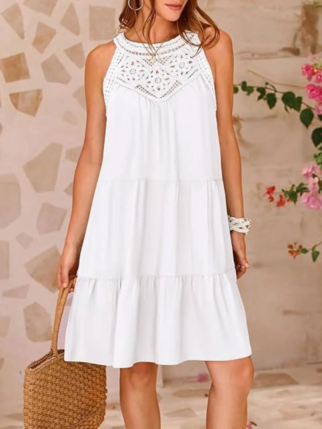Lace Neckline Tiered Mini Dress - MARIGOLD