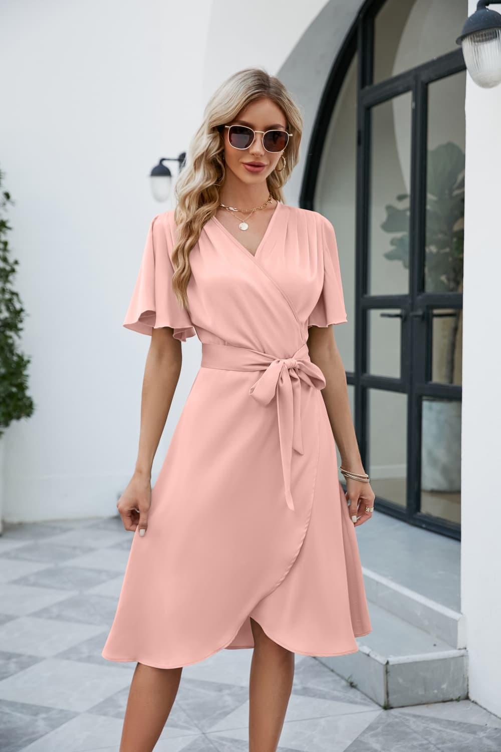 Tulip Hem Surplice Midi Dress with Tie Waist & Flutter Sleeves - MARIGOLD