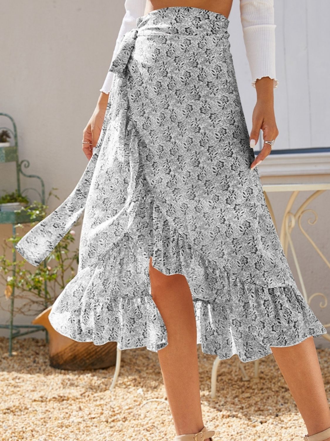 Floral Ruffled Wrap Tie Midi Skirt with Side Tie - MARIGOLD