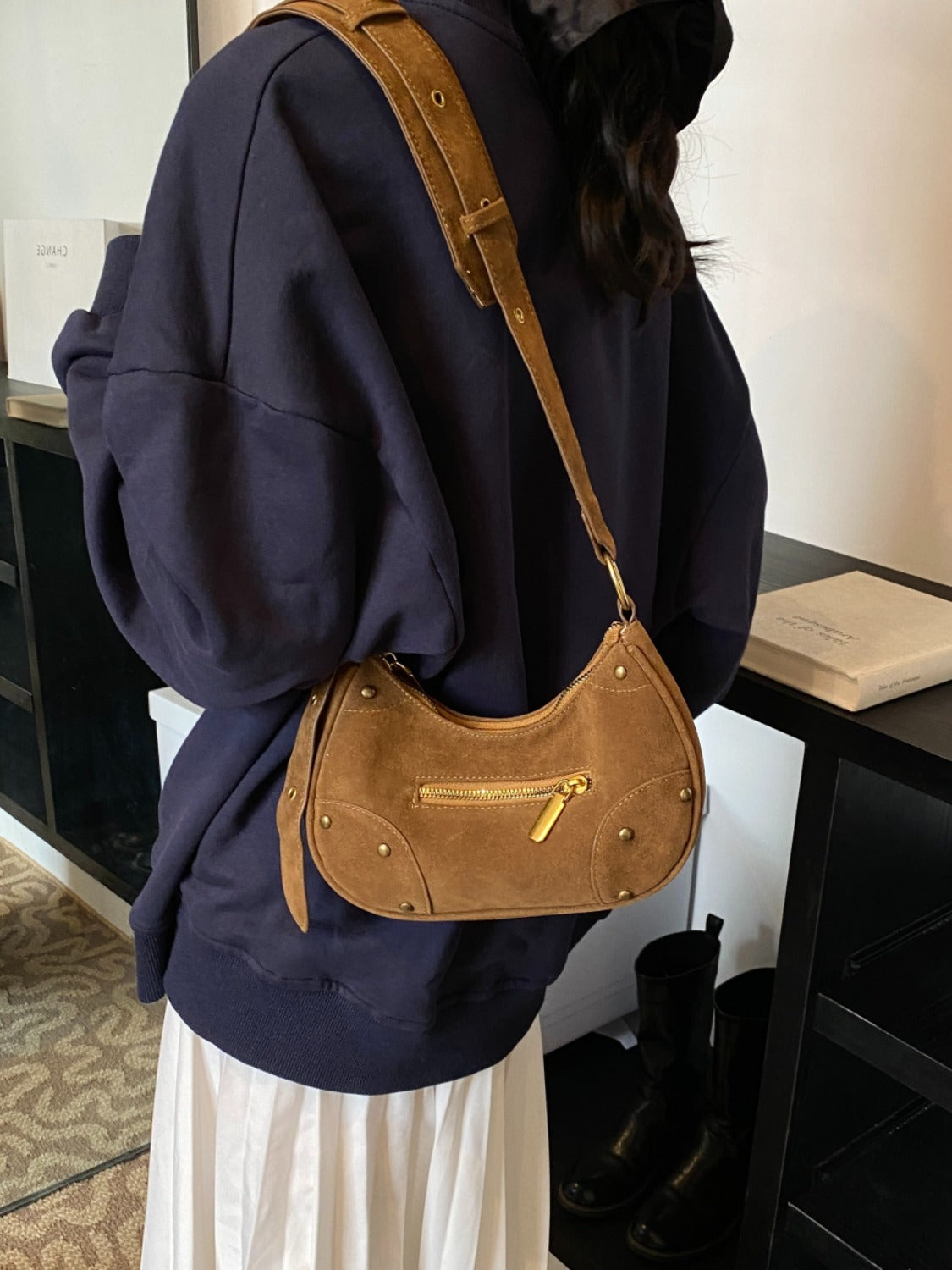 Suede Adjustable Strap Shoulder Bag - MARIGOLD