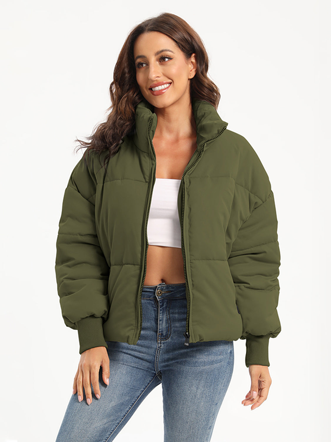 Zip Up Turtleneck Long Sleeve Puffer Jacket - MARIGOLD