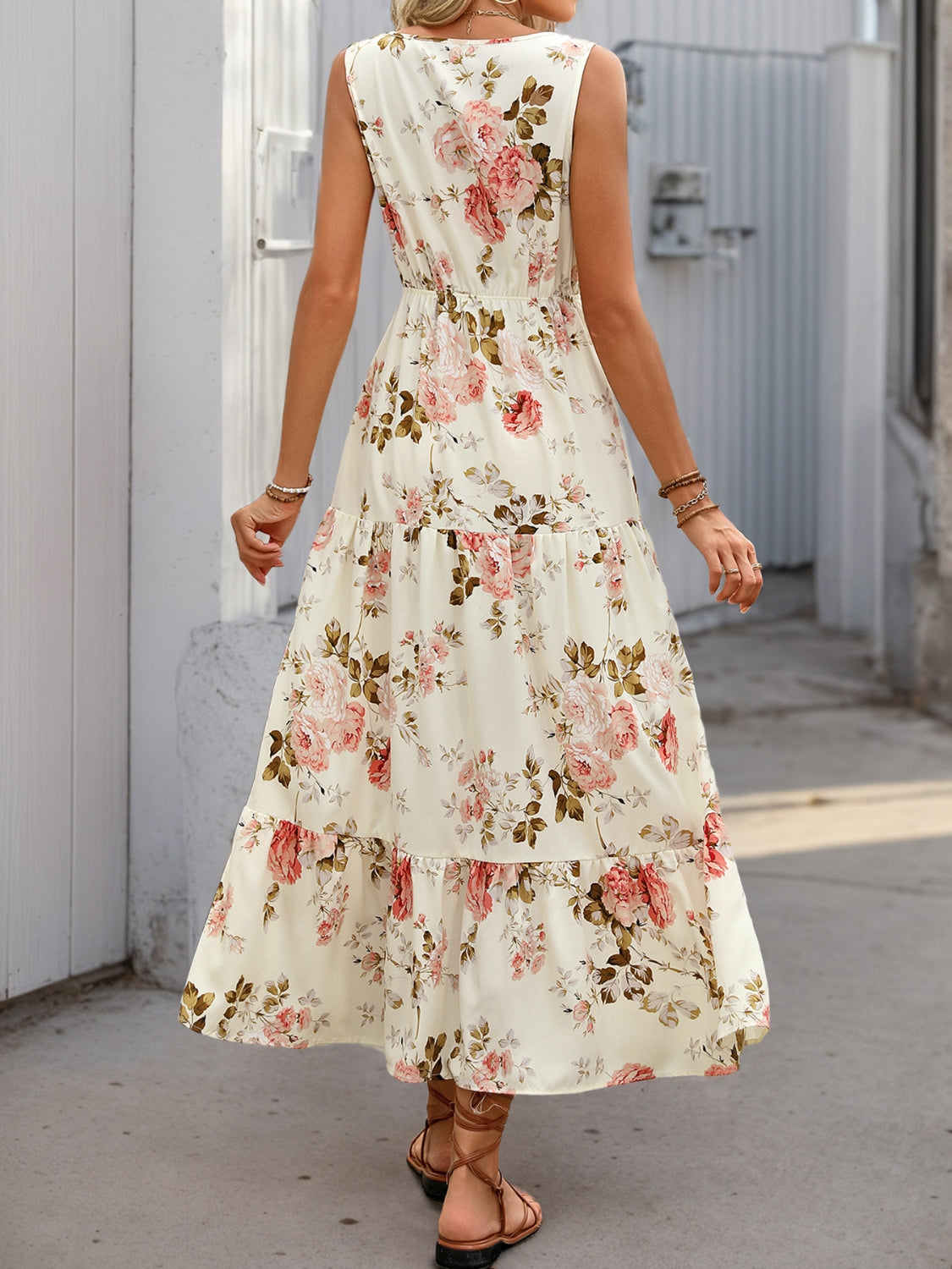 Floral V-Neck Ruffled Hem Midi Dress - MARIGOLD