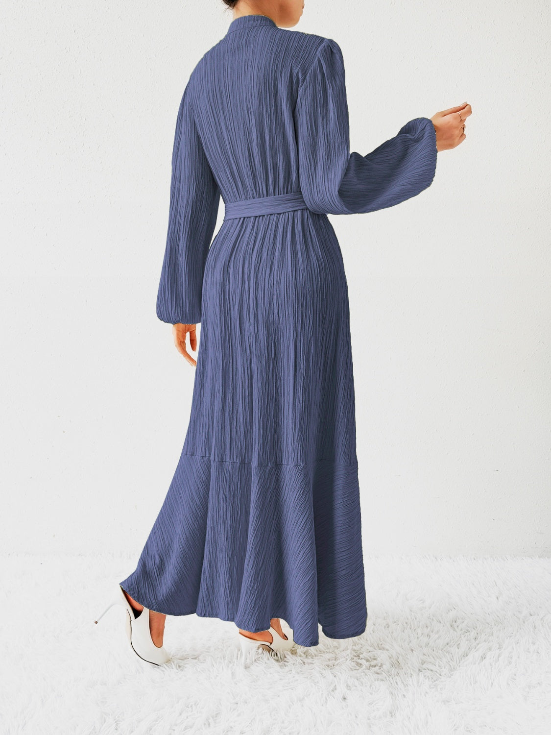 Belted Button Front Long Sleeve Maxi Dress - MARIGOLD