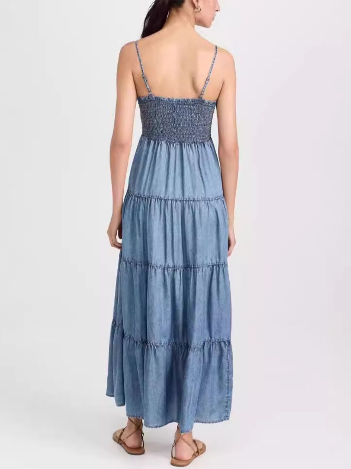 Smocked Square Neck Tiered Denim Cami Dress - MARIGOLD