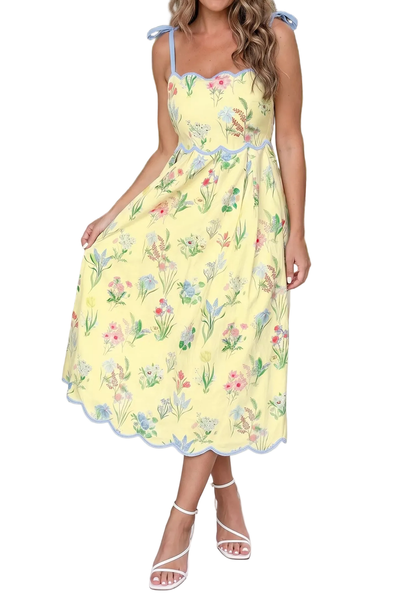 Yellow floral print scallop midi dress by Marigold Collections Australia, featuring a feminine design and elegant midi length.