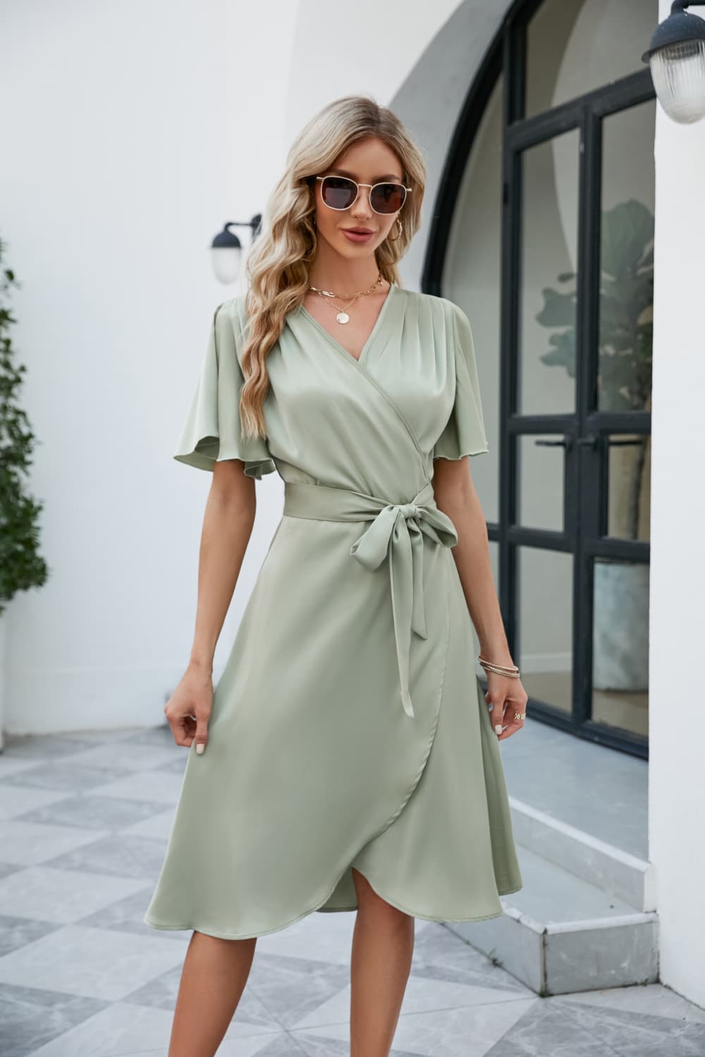 Tulip Hem Surplice Midi Dress with Tie Waist & Flutter Sleeves - MARIGOLD