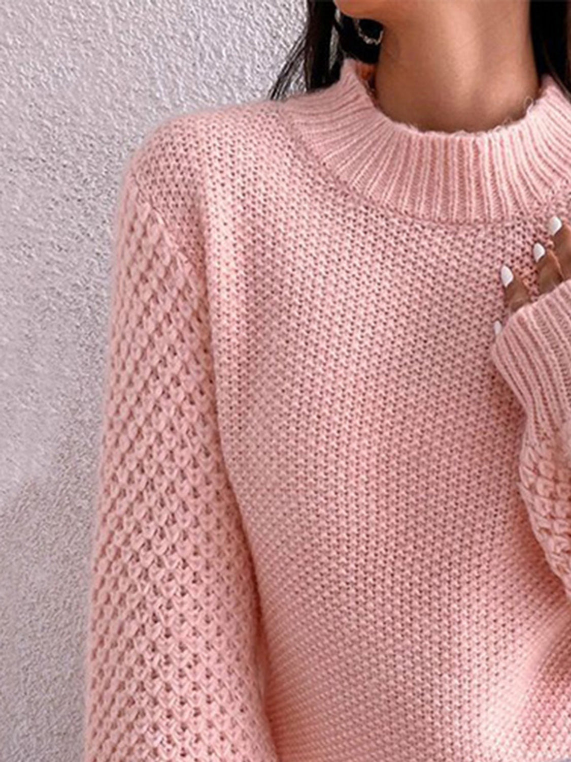 Open-Knit Mock Neck Long Sleeve Sweater - MARIGOLD