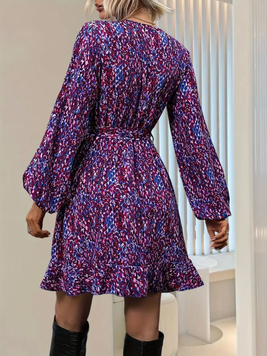 Surplice Mini Dress with Balloon Sleeves & Waist Tie - MARIGOLD