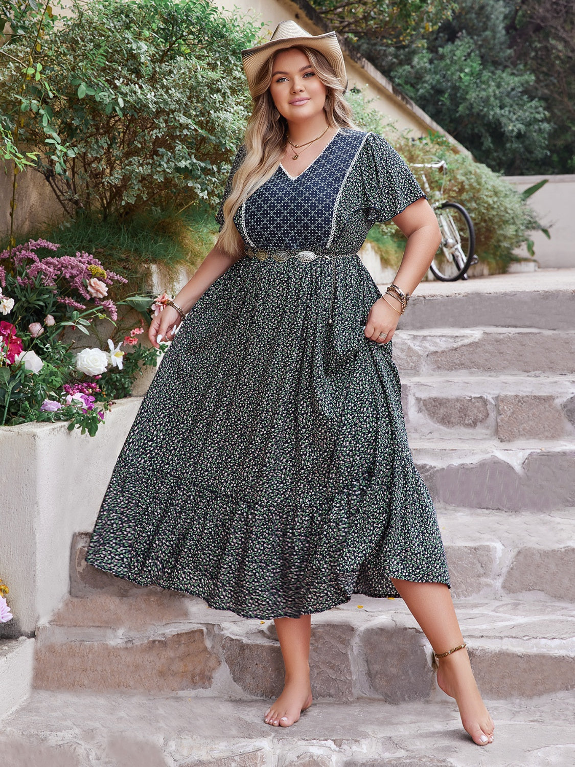 Plus Size Printed V-Neck Flutter Sleeve Midi Dress - MARIGOLD