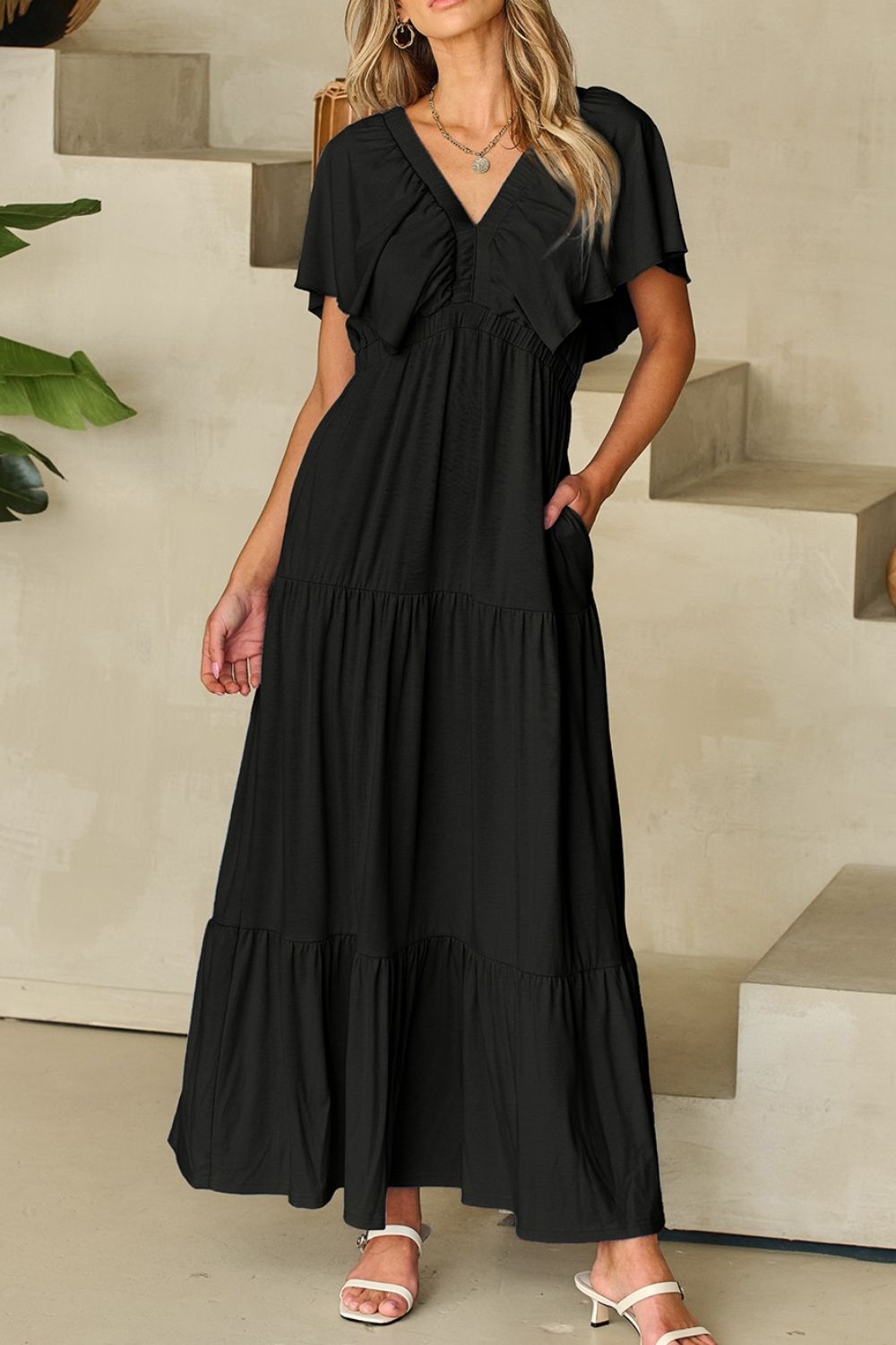 Ruffled V Neck Flutter Sleeve Maxi Dress - MARIGOLD