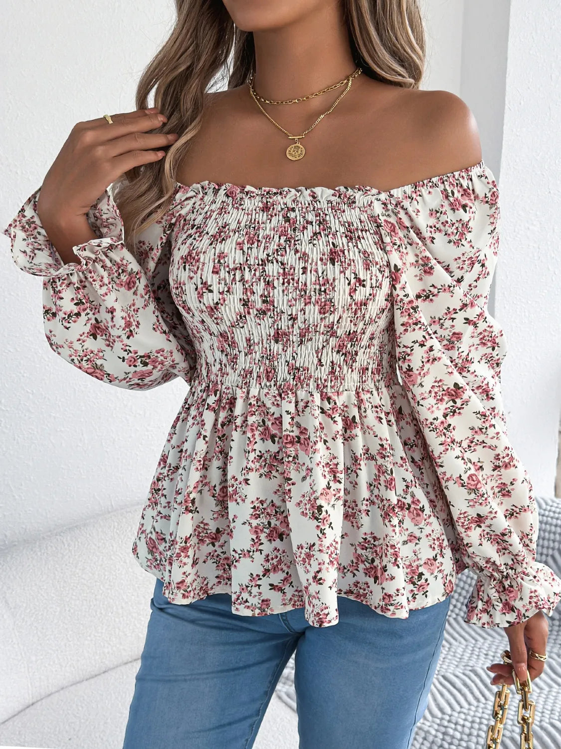 Floral Square Neck Flounce Sleeve Blouse - MARIGOLD