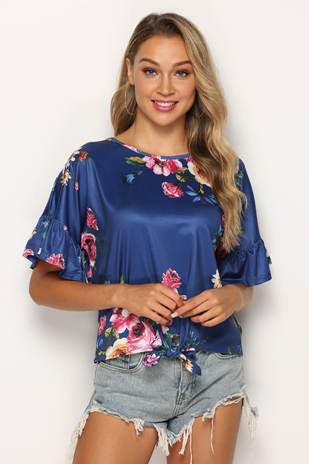 Shiny Floral Tie Hem Flounce Sleeve Top - MARIGOLD