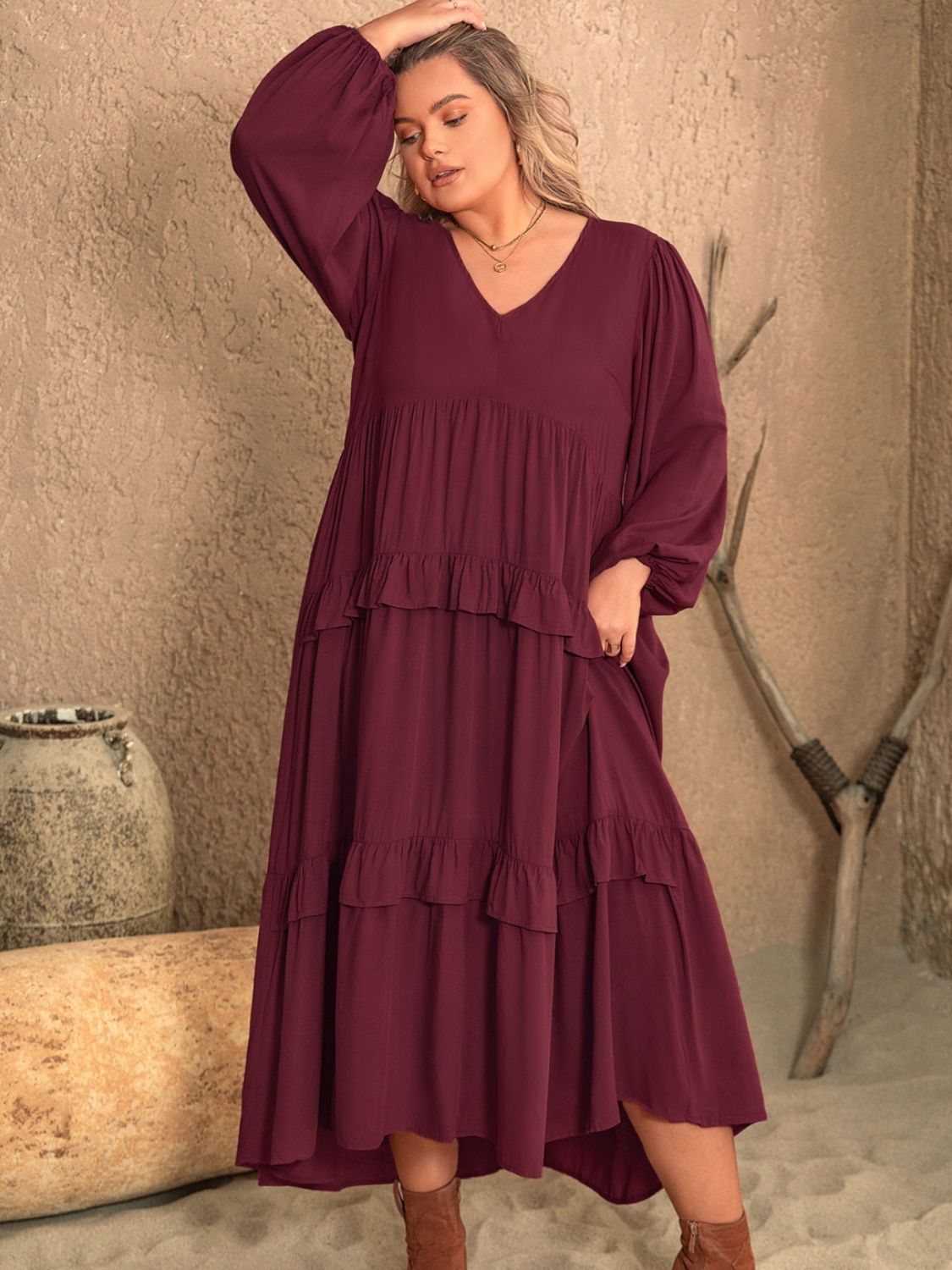Plus Size Ruffled V-Neck Long Sleeve Dress - MARIGOLD