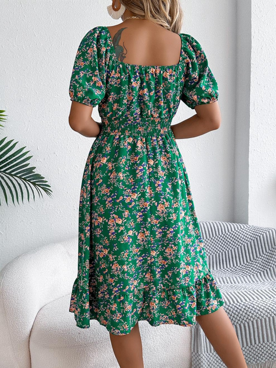 Ruffled Hem Floral Puff Sleeve Dress - MARIGOLD