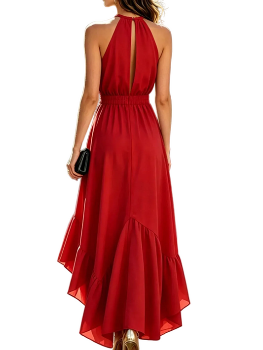 Marigold Collections Australia halter neck ruffled high-low maxi dress with flowing fabric and elegant design, suitable for formal occasions.