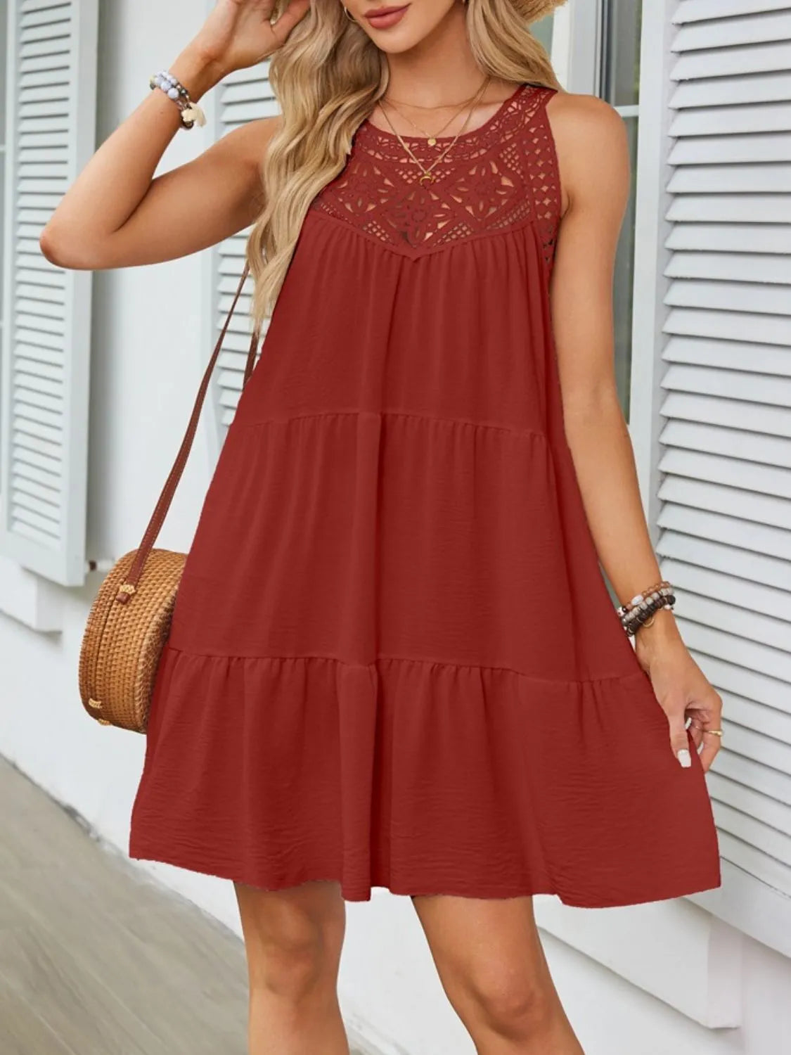 Lace Neckline Tiered Mini Dress - MARIGOLD
