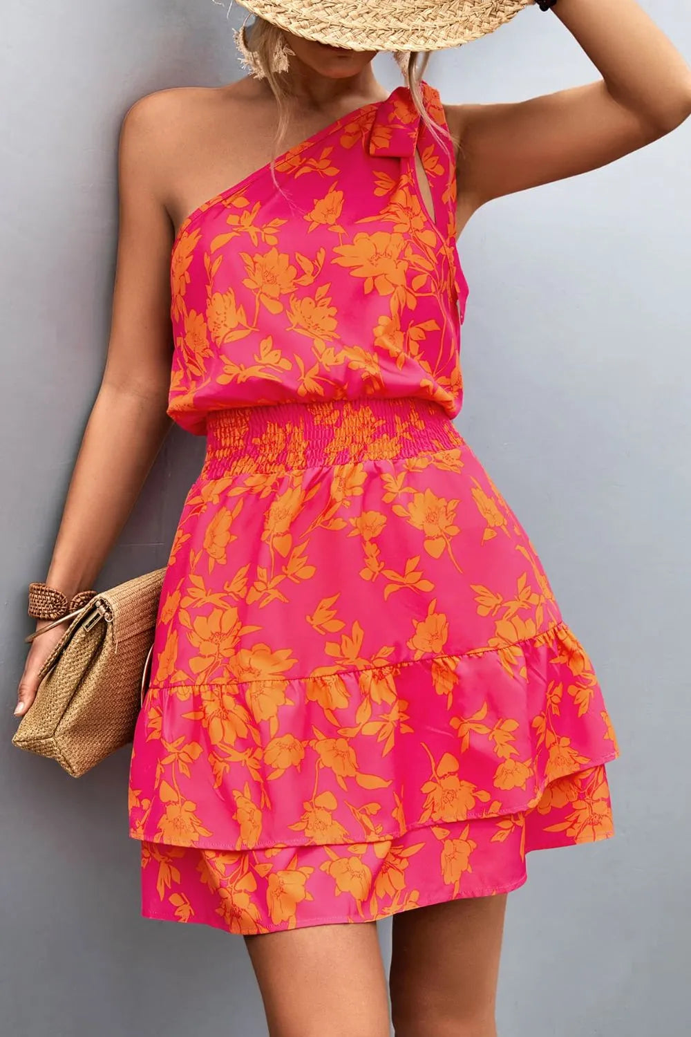 Floral print one-shoulder layered mini dress by Marigold Collections Australia, featuring vibrant flower patterns and stylish design.