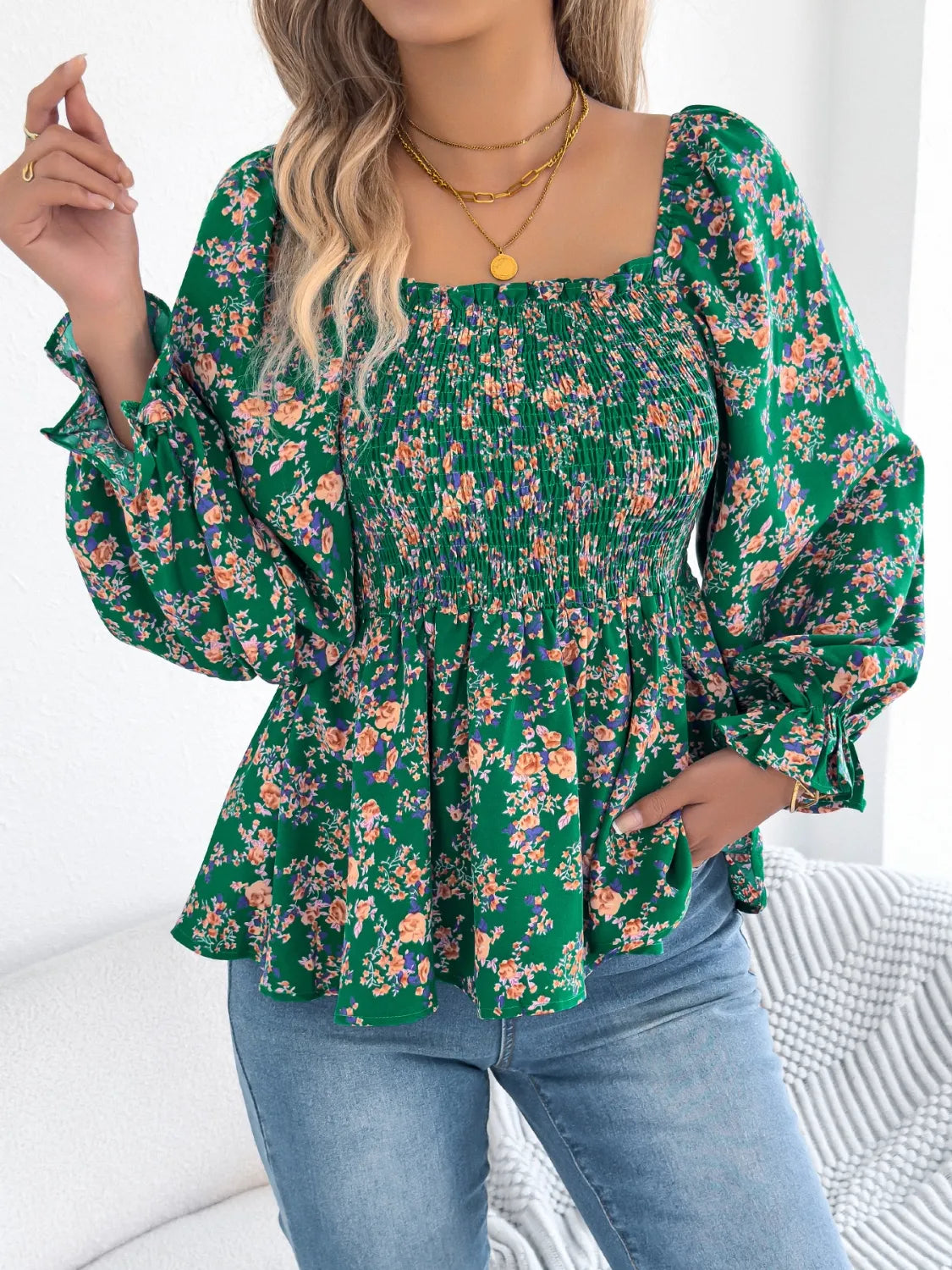 Floral Square Neck Flounce Sleeve Blouse - MARIGOLD