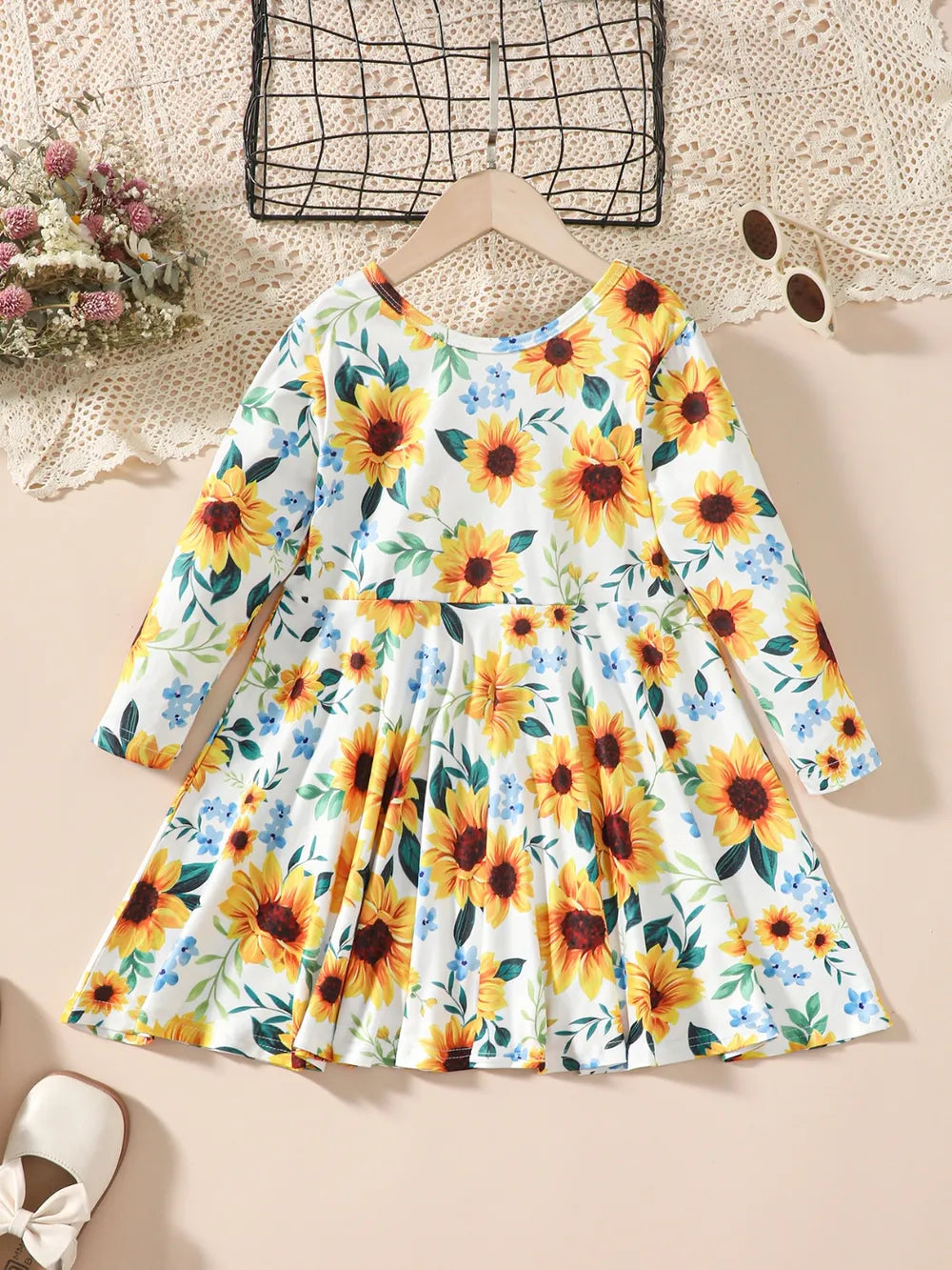 Sunflower Print Long Sleeve Dress - MARIGOLD
