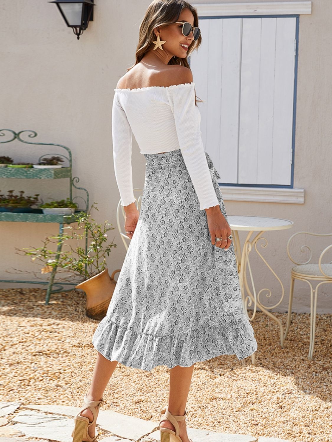 Floral Ruffled Wrap Tie Midi Skirt with Side Tie - MARIGOLD