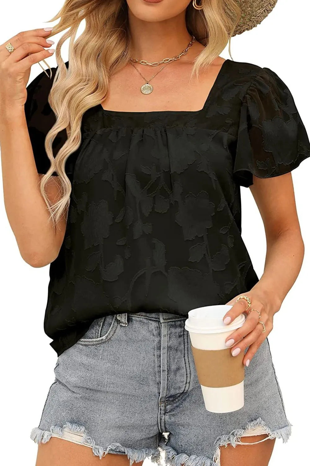 Flutter Sleeve Square Neck Blouse - MARIGOLD