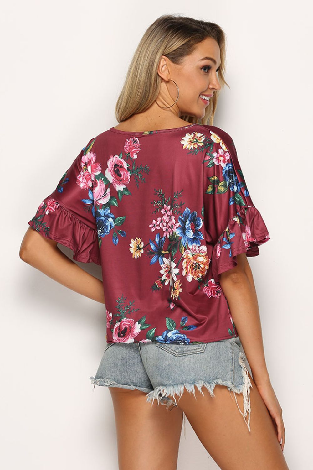 Shiny Floral Tie Hem Flounce Sleeve Top - MARIGOLD